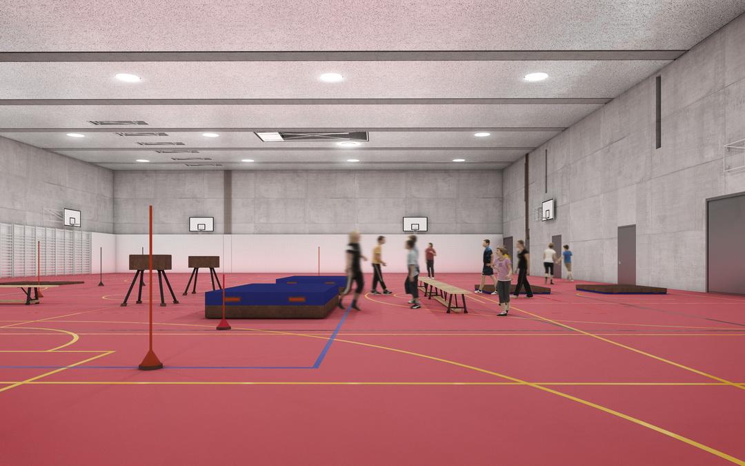 Turnahlle mit Sportgeräten und Personen.  