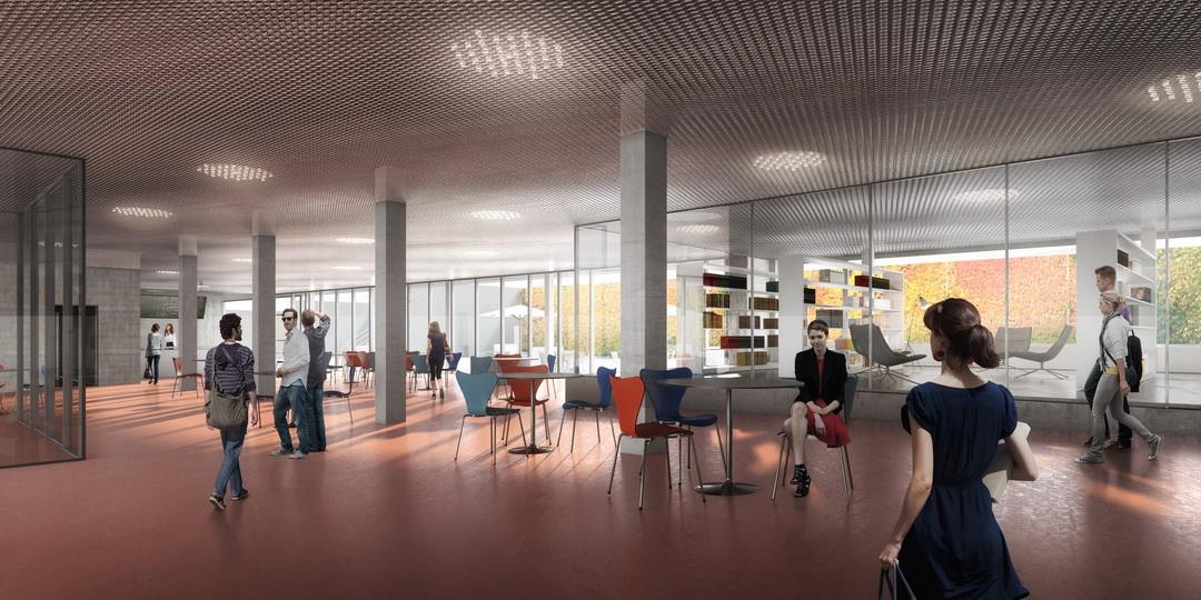 Grosszügiger Innenraum mit Personen, Stützen in Sichtbeton und Sitzgelegenheiten. Roter Boden.