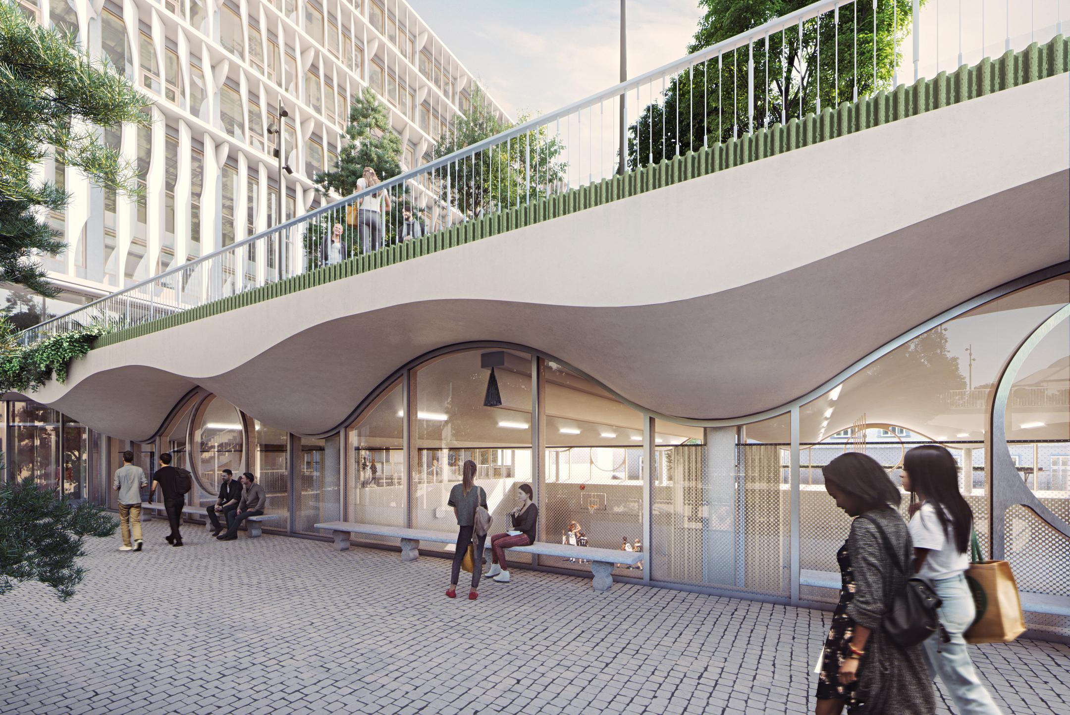 Ansicht an die Sporthalle mit Personen im Vordergrund.