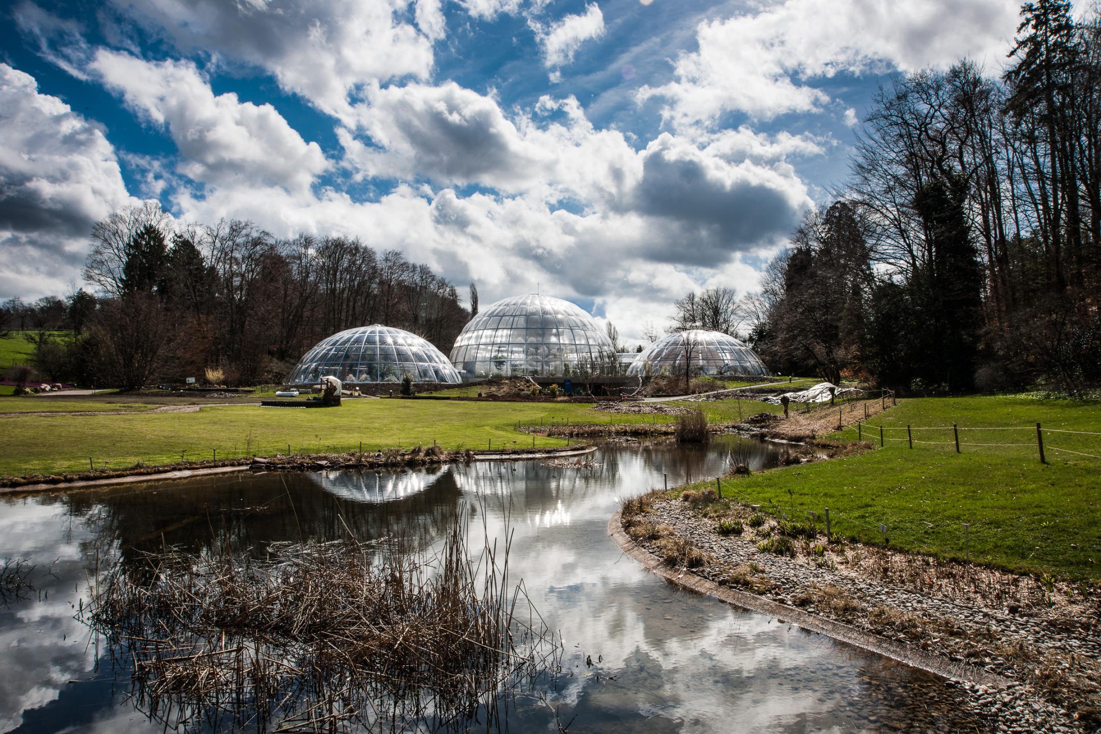 Glaskuppeln spiegeln sich in einem kleinen Gewässer unter dramatischem Himmel.
