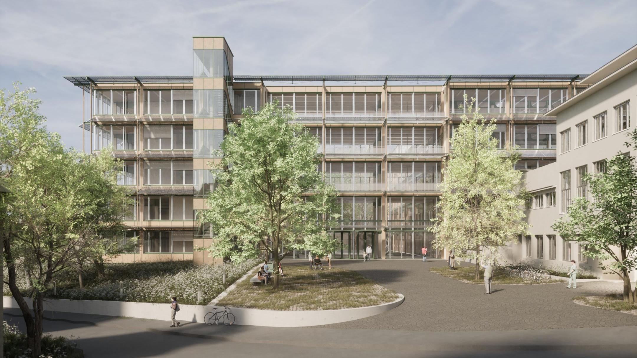 Visualisierung Haupteingang und Fassade Neubau und Bestand von der Steinwiesstrasse und Hofstrasse.