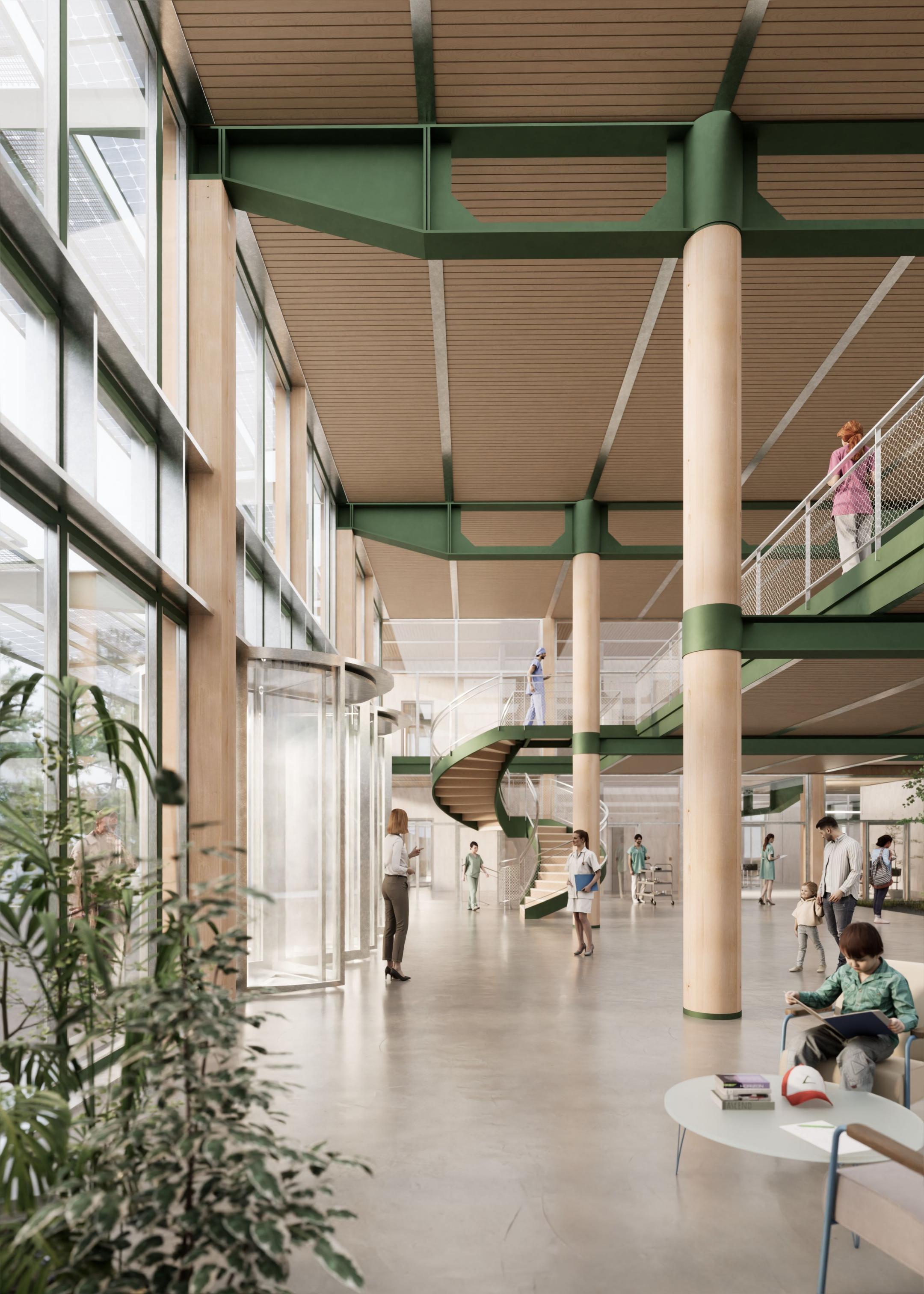 Visualisierung vom grossen, natürlich belüfteten Atrium.