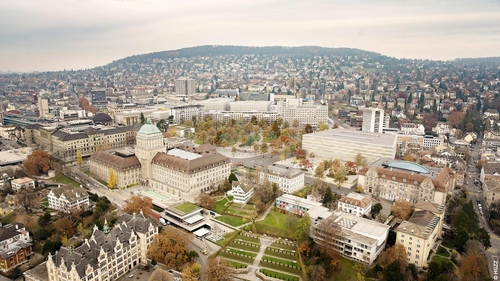 Vogelperspektive vom Hochschulgebiet in Zürich. Mittendrin steht das Bodmerhaus.