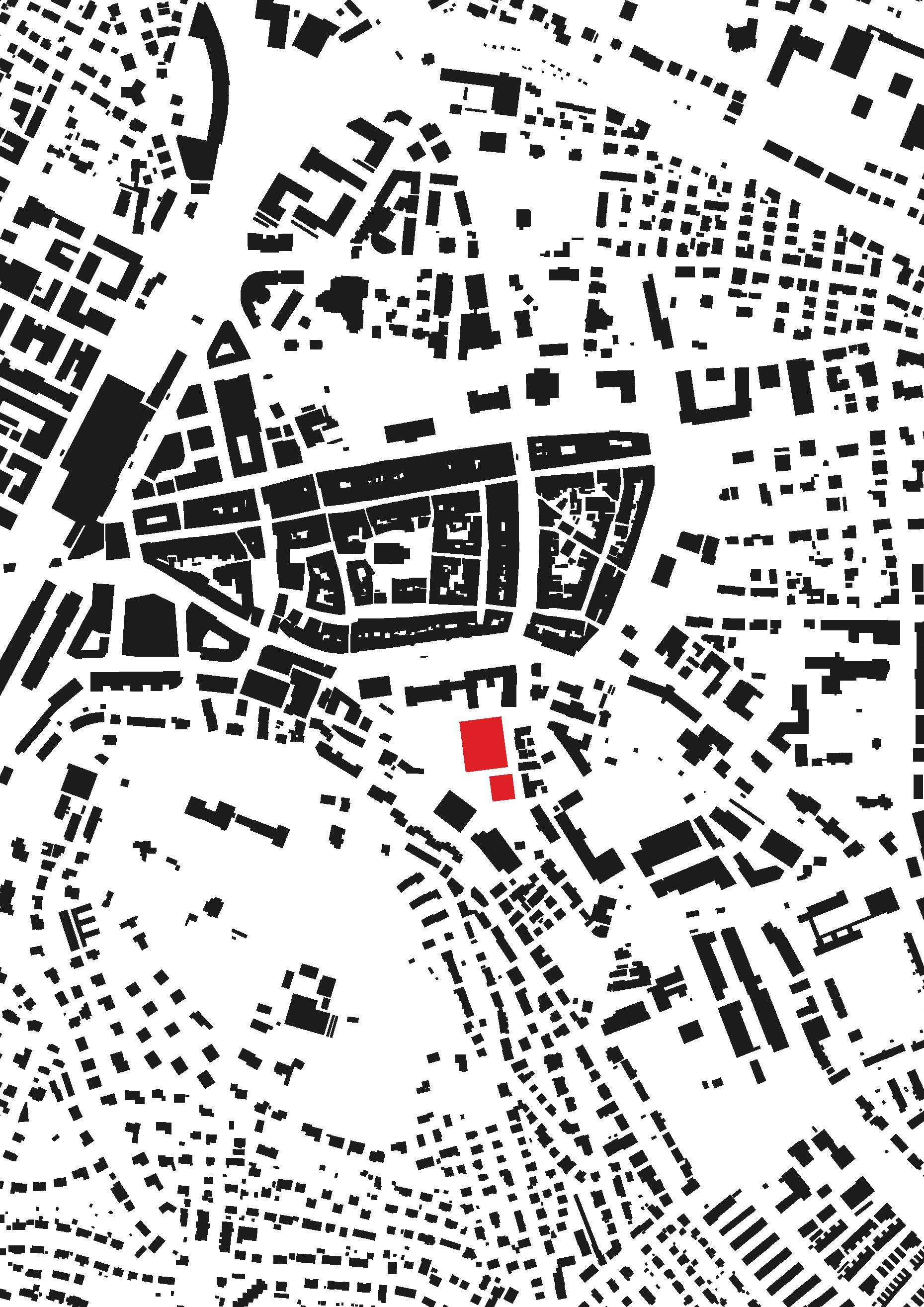 Der Situationsplan mit den neuen rot eingefärbten Gebäuden im südöstlichen Teil des Campus T.