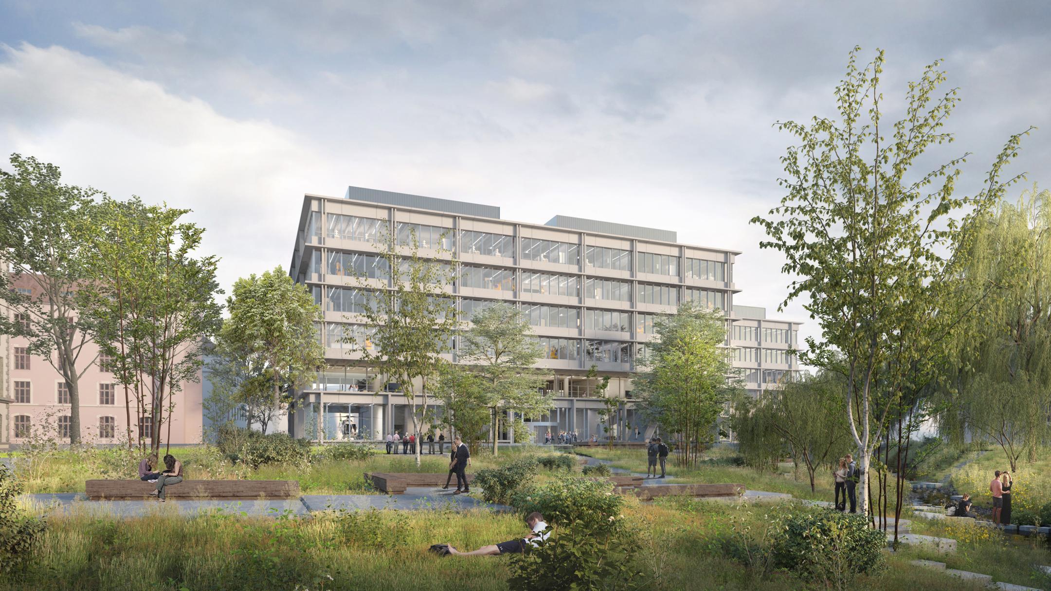 Die neuen Gebäude des Campus T visualisiert im Parkraum mit der renaturierten Eulach.