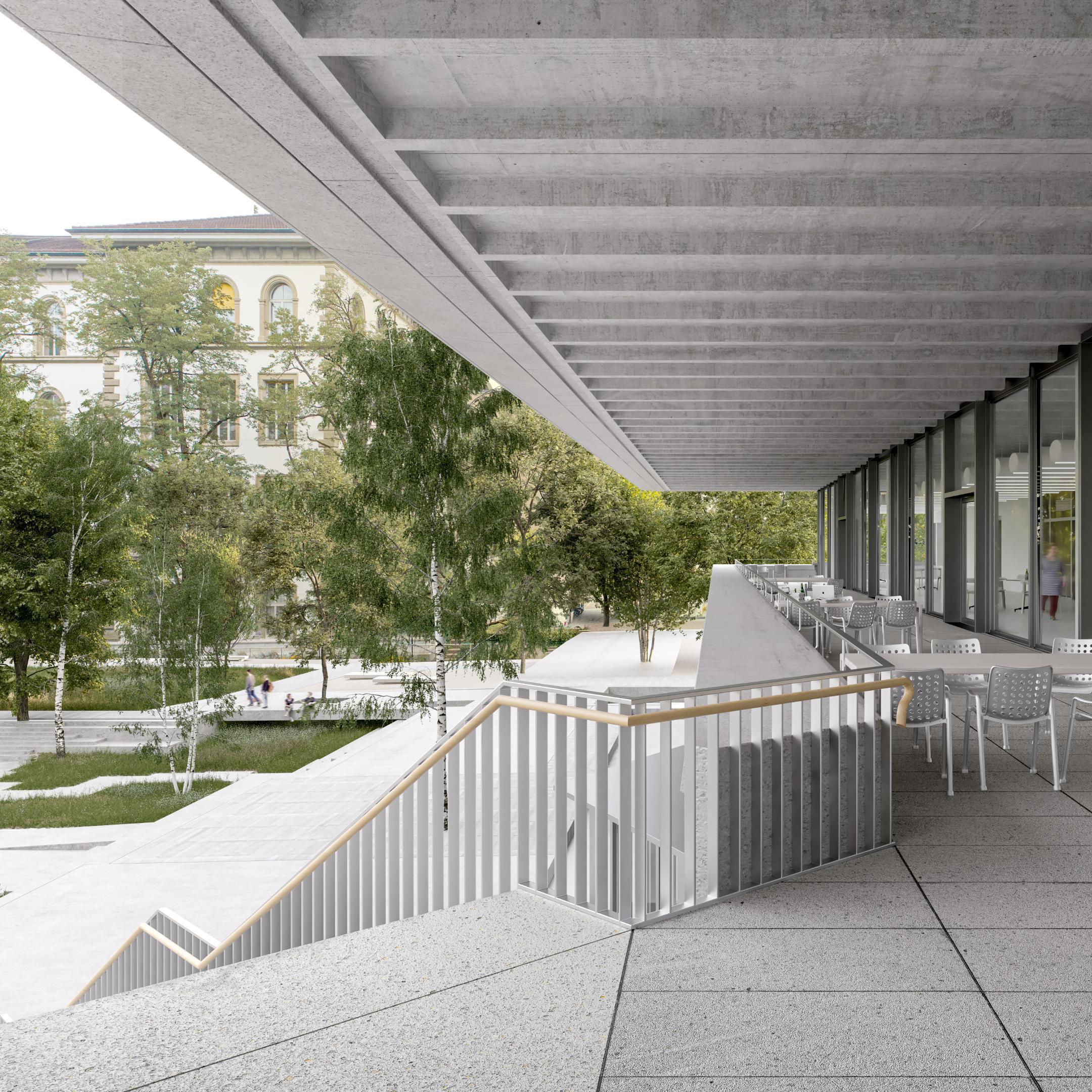 Überdachte Terrasse mit Treppenabgang. Materialisierung in Stahl, Glas und Betonsicht.