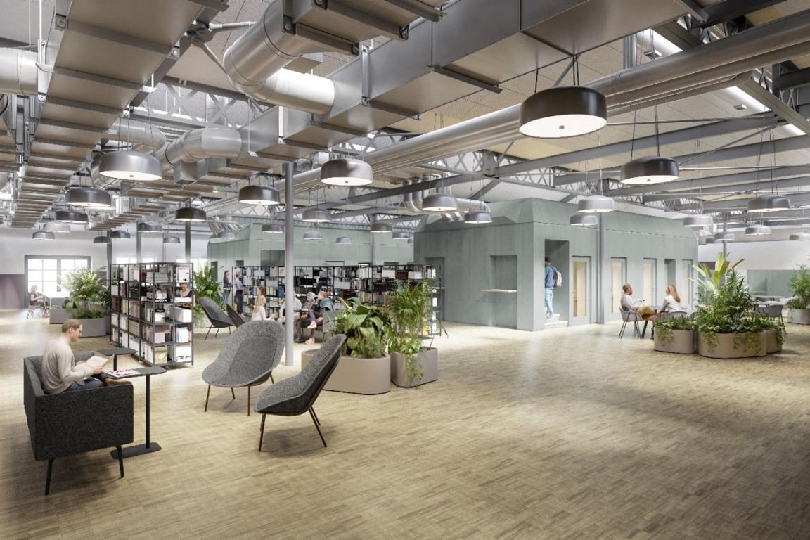 Visualisierung der Bibliothek mit ersichtlicher Leitungen der Gebäudetechnik an der Decke.