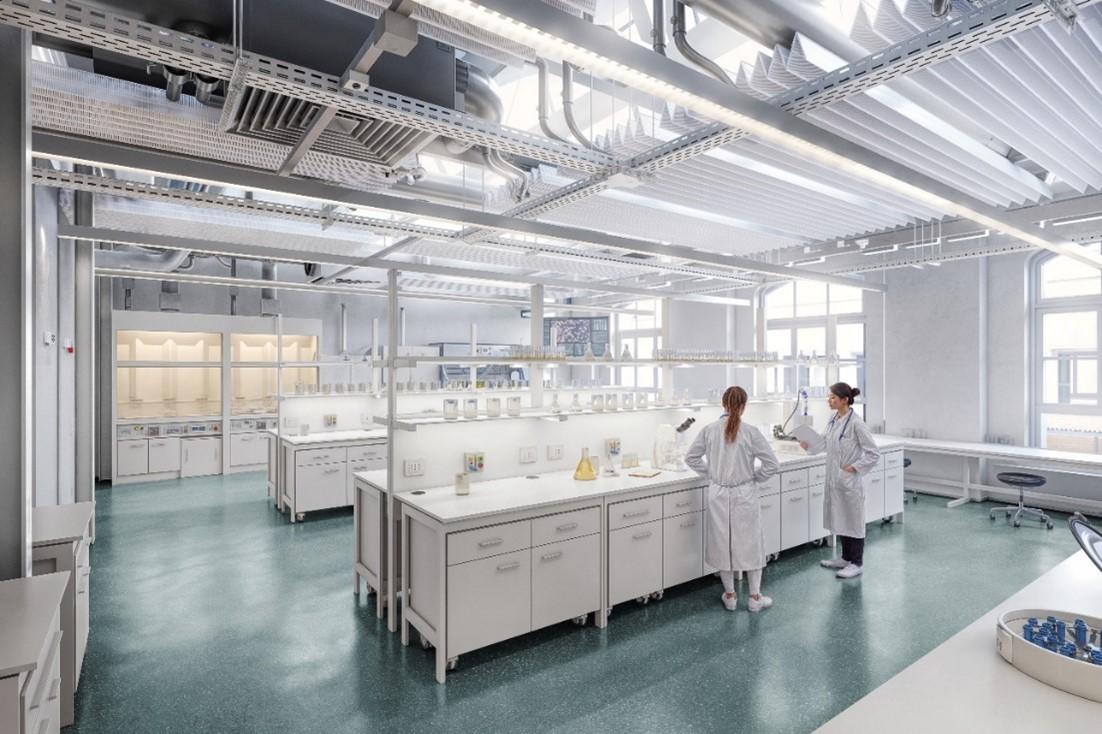 Visualisierung eines hellen Laborraumes mit zwei Personen, welche arbeiten.