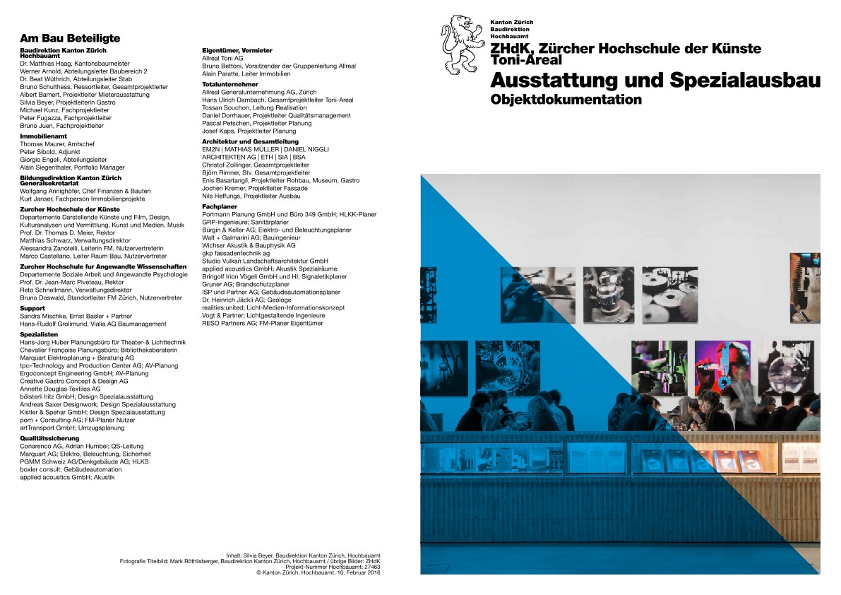 Ausstattung und Spezialausbau Toni-Areal ZHdK - Objektdokumentation (2016)