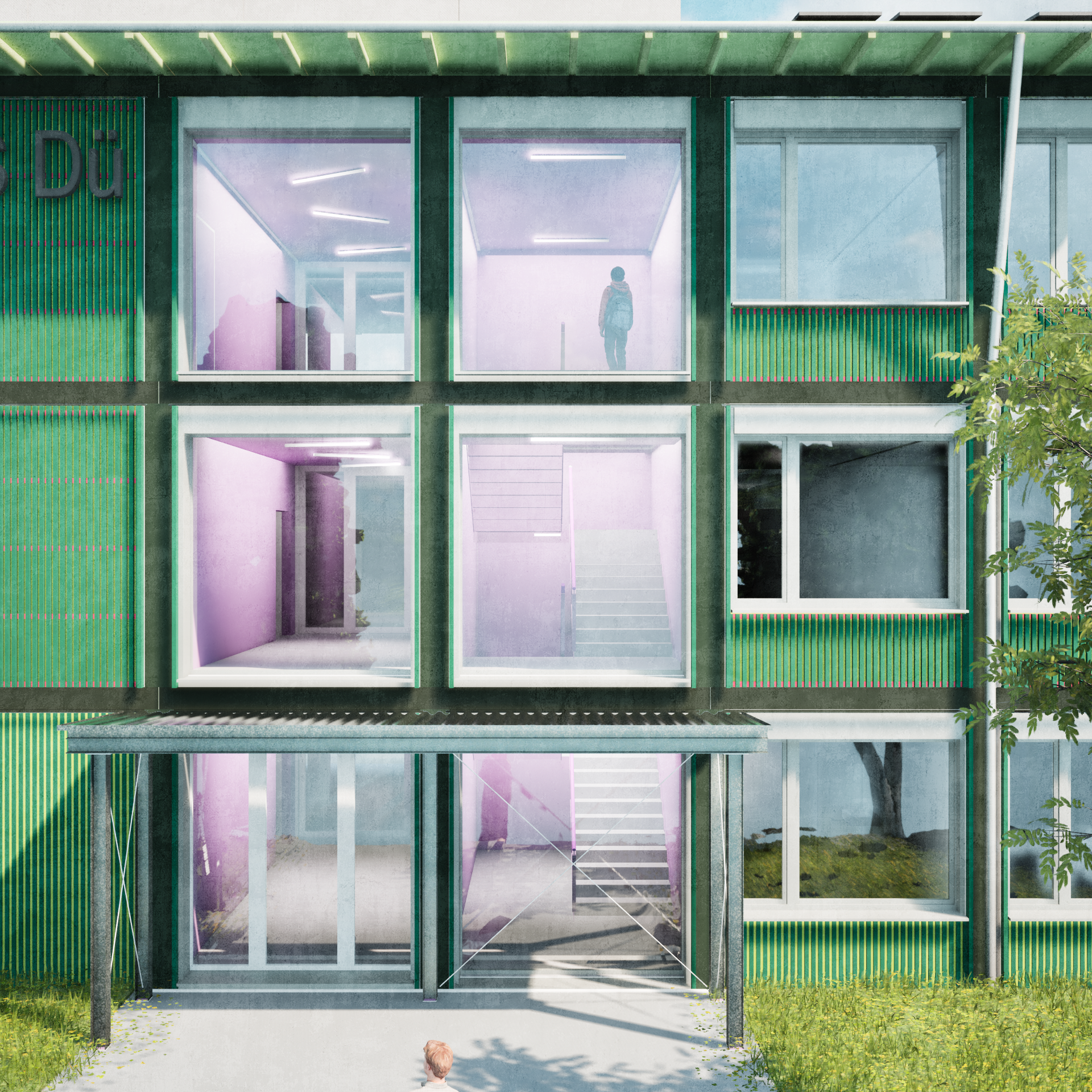 Visualisierung der Fassade, wobei hier der Eingang des Schultraktes zu sehen ist.