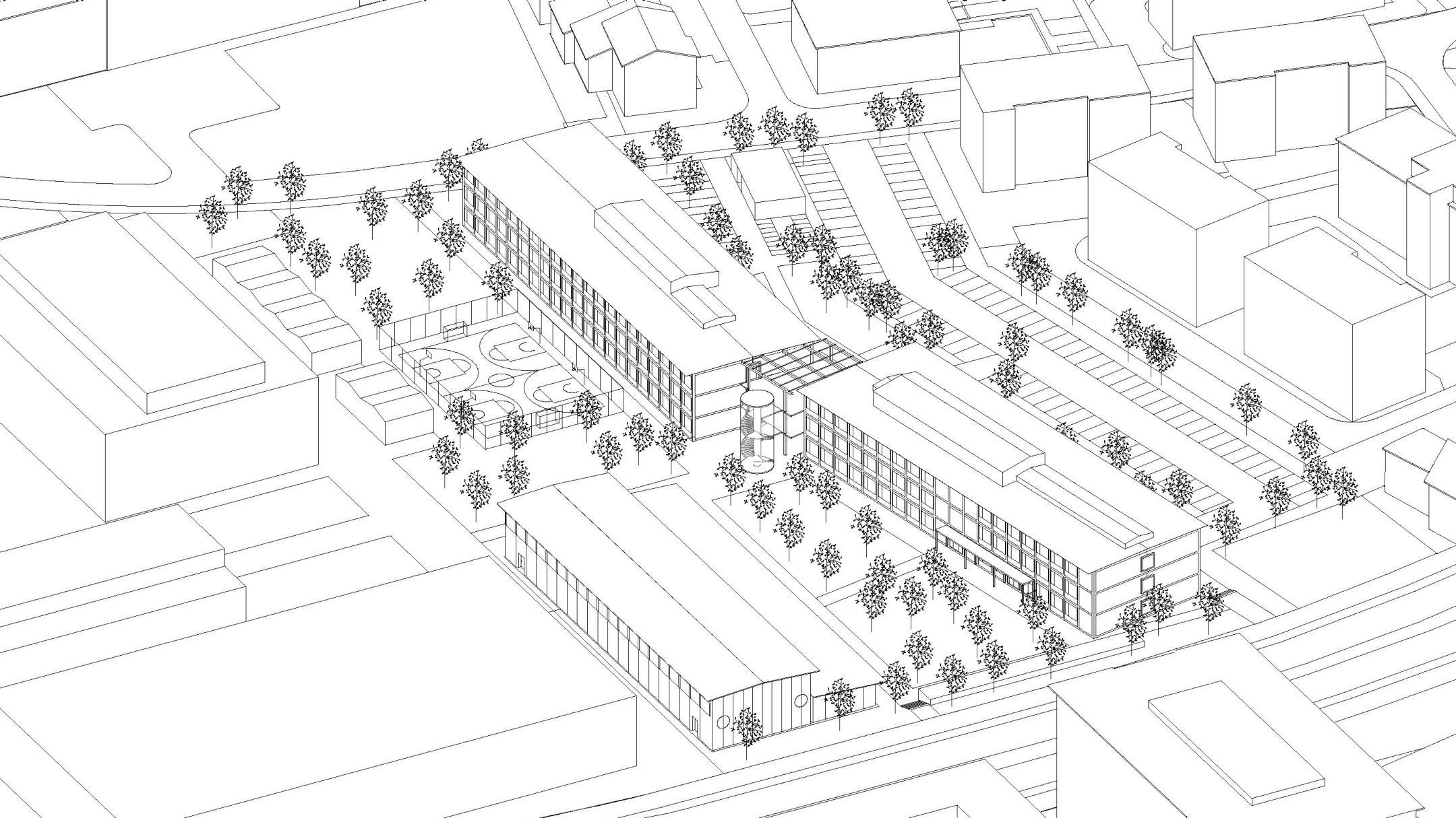 CAD gezeichnete Isometrie, welche die provisorische Kantonsschule von de rVogelperspektive zeigt.