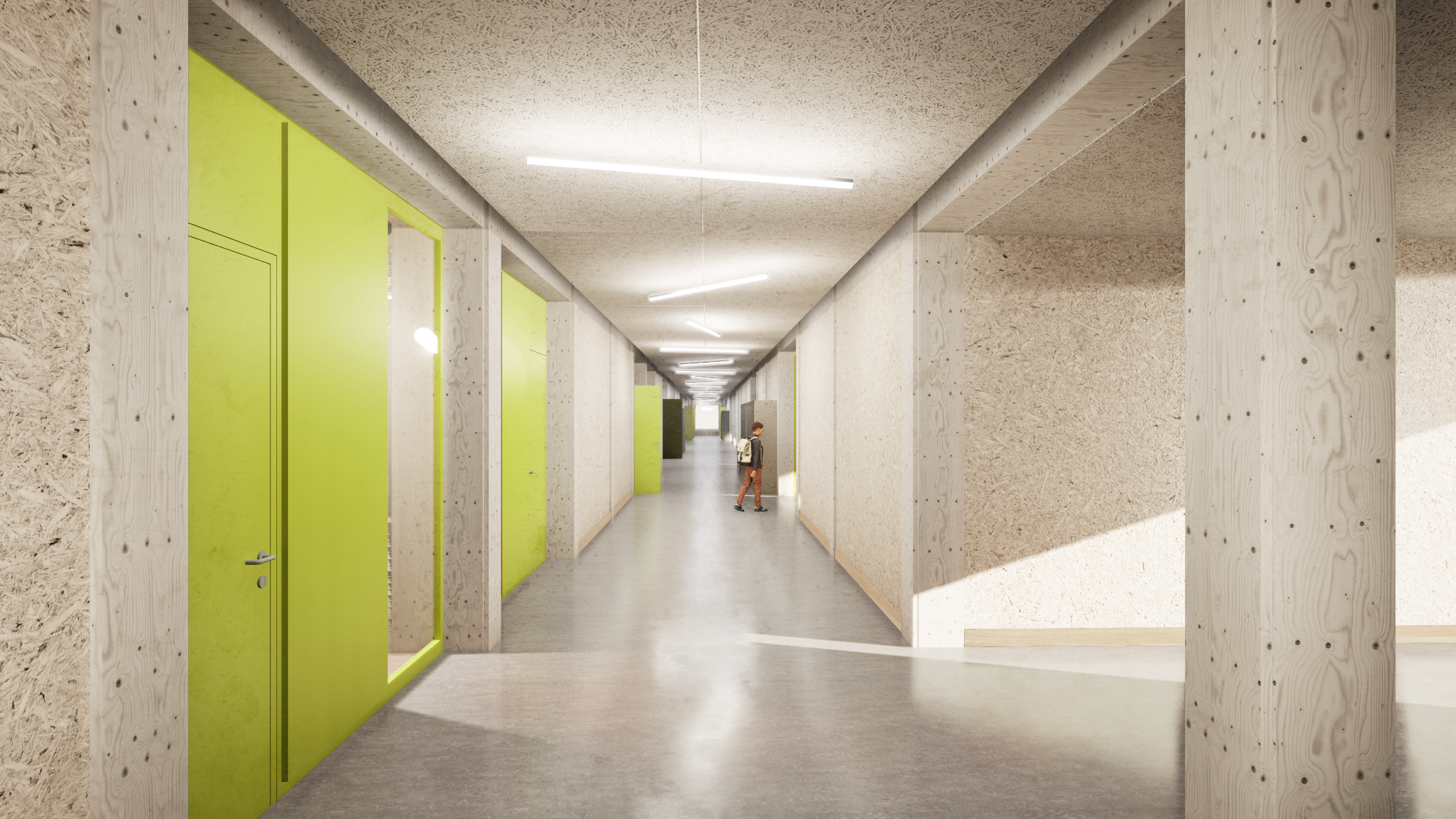 Visualisierung des Korridors. Deutlich zu erkennen sind die Verkleidungen aus Holz.