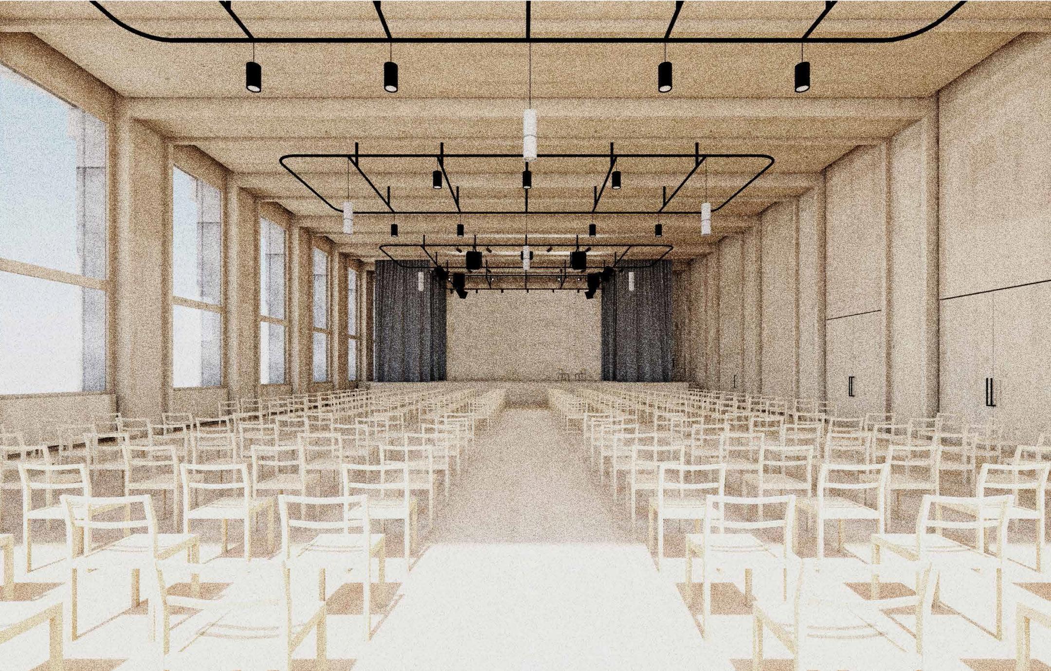 Darstellung der räumlichen Situation in der künftigen Aula. Eine grosszügige Verglasung belichtet den sehr hohen Raum mit der Bühne in der Bildmitte. 