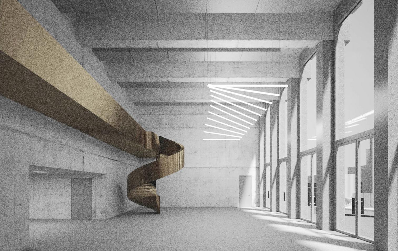 Darstellung der räumlichen Situation im künftigen Foyer der Aula. Eine grosszügige Verglasung belichtet den hohen Raum mit der Galerie in der linken Bildseite. 