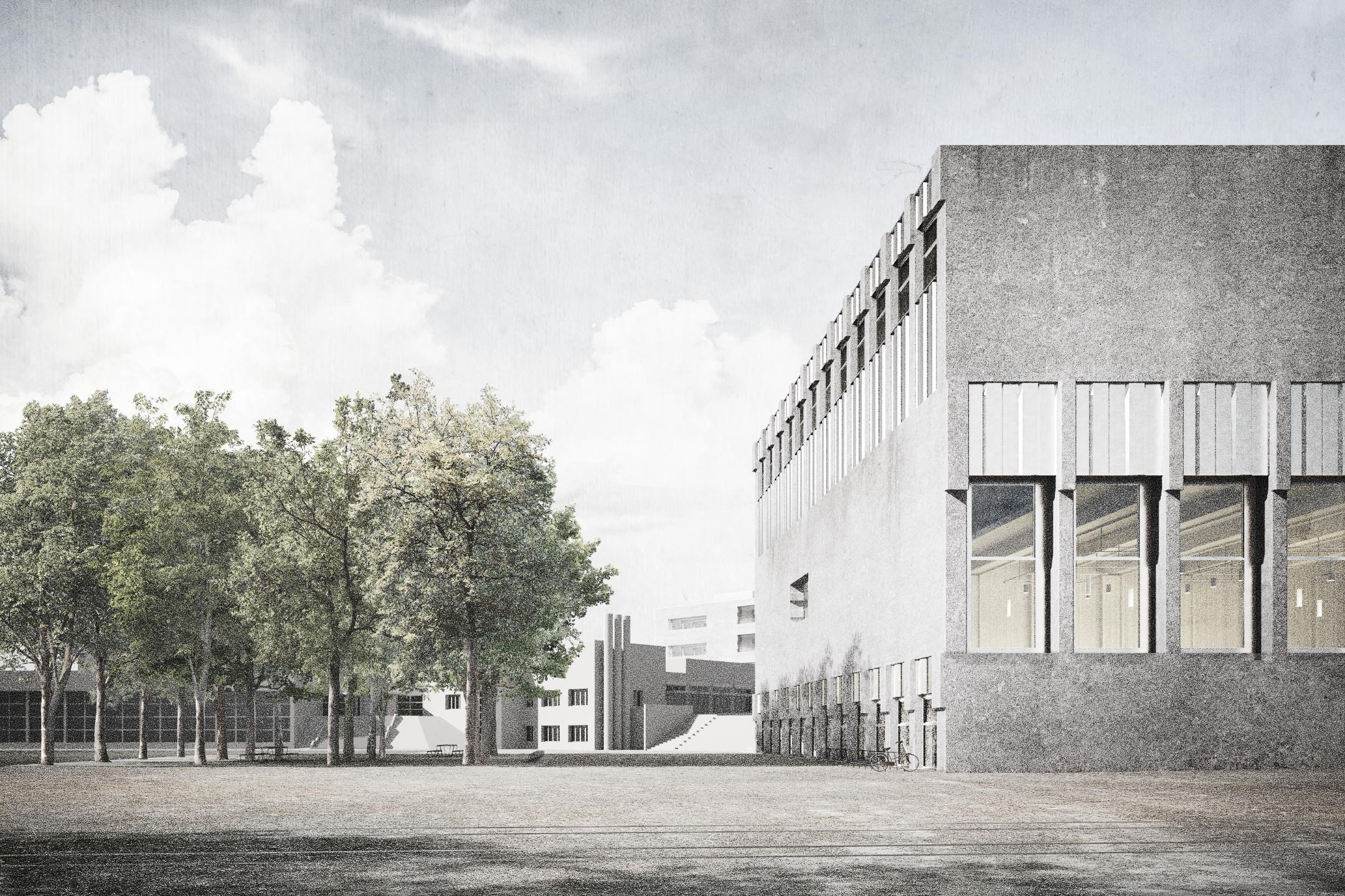 Blick von der Haltestelle Limmattalbahn zum Eingang der Kantonsschule Limmattal. Im Vordergrund Aussenansicht des neuen Aula- und Sporthallengebäudes.