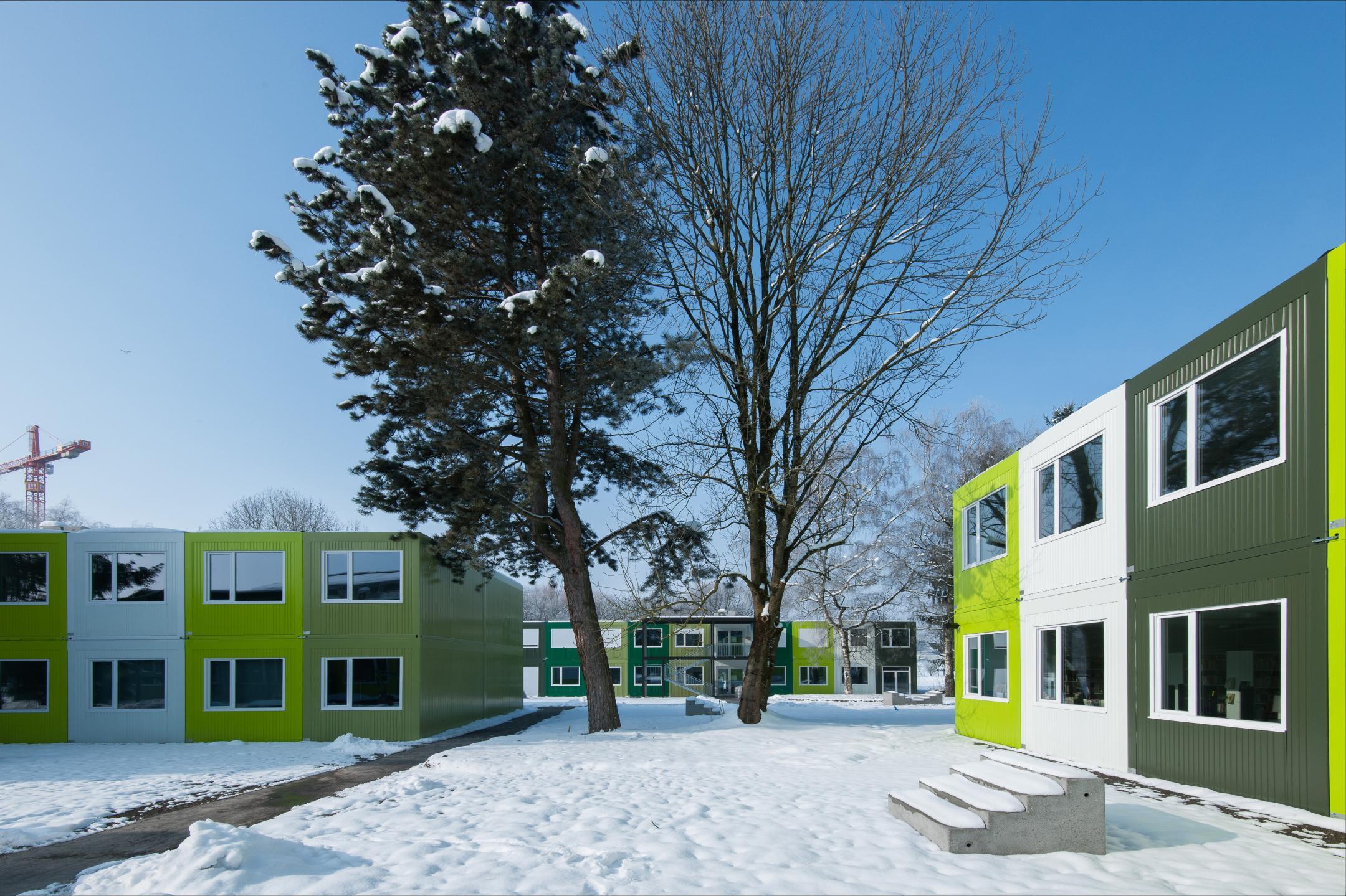 Baukörper in verschiedenen Grüntönen um zwei Bäume in einem verschneiten Park platziert.