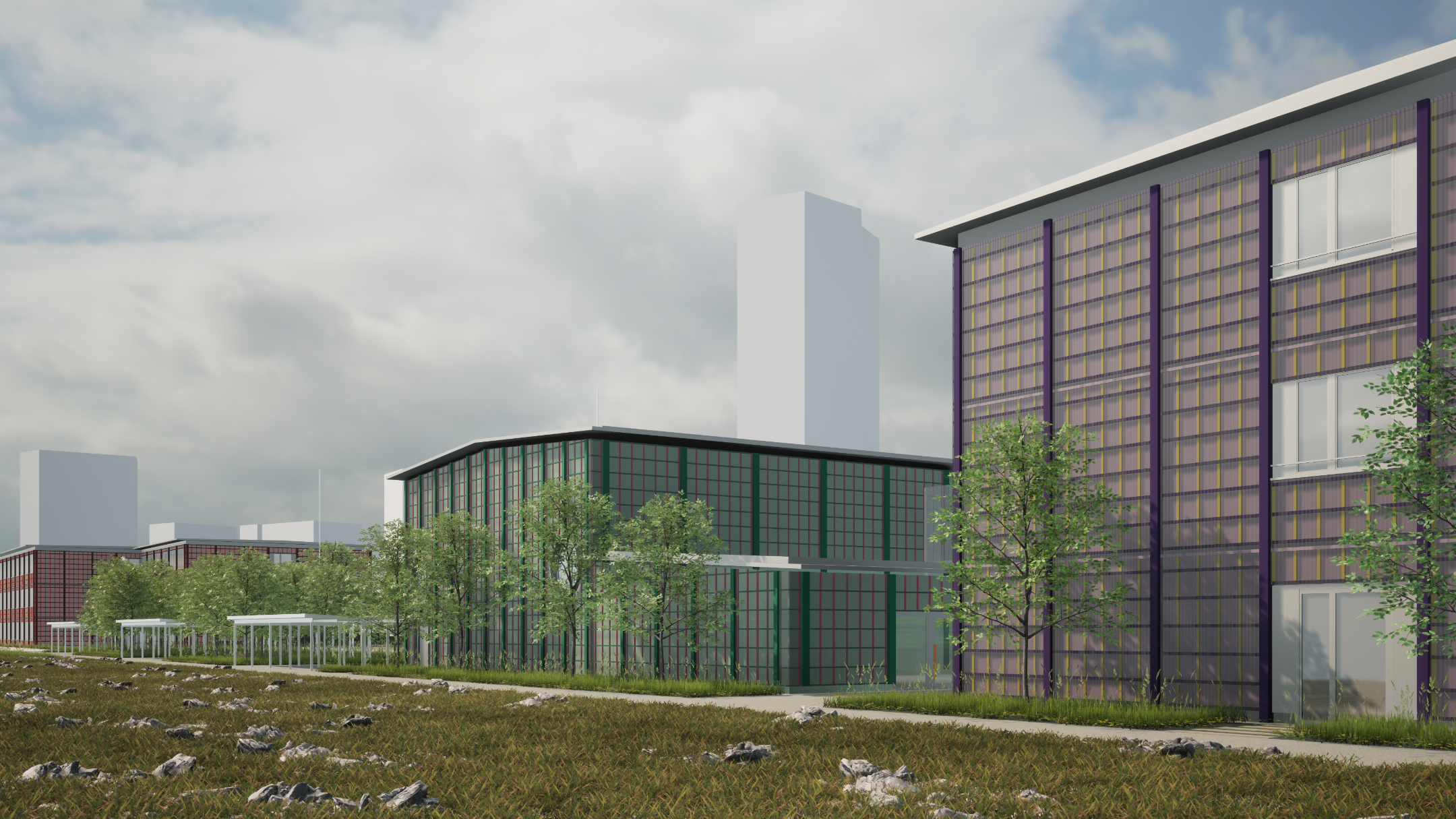 Visualisierung. Von links nach rechts: Schultrakt Haus B, Sporthalle, Schultrakt Haus A. Im Hintergrund sieht man den Primetower. Im Vordergrund sieht man den Schulweg mit Velounterständen, Bäumen und Begrünung.