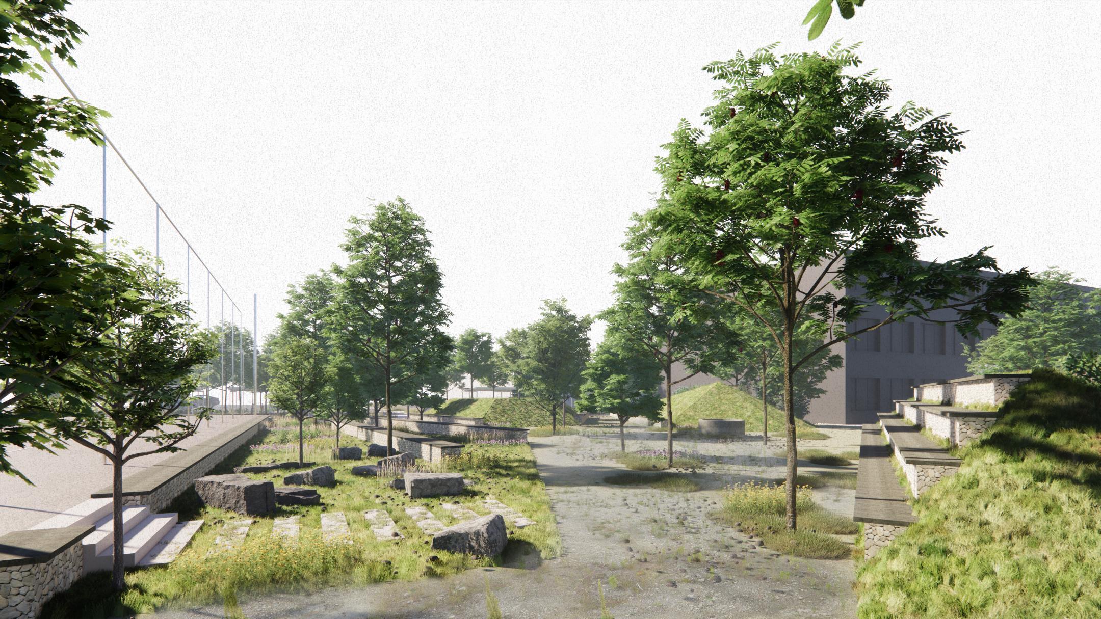 Visualisierung. Von links nach rechts: Sport-Allwetterplatz, Schulhof mit Bäumen, Sitzgelegenheiten und begrünten Mulden und Hügeln. Im Hintergrund rechts ist der Schultrakt Haus B schematisch dargestellt.