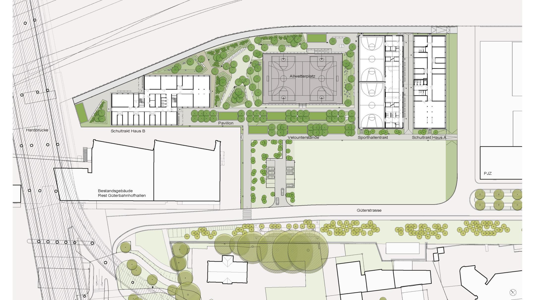 Auf dem Situationsplan ist die Gesamtanlage ersichtlich. Von links nach rechts: Schultrakt Haus B, Allwetterplatz, Sporthallentrakt, Schultrakt Haus A.