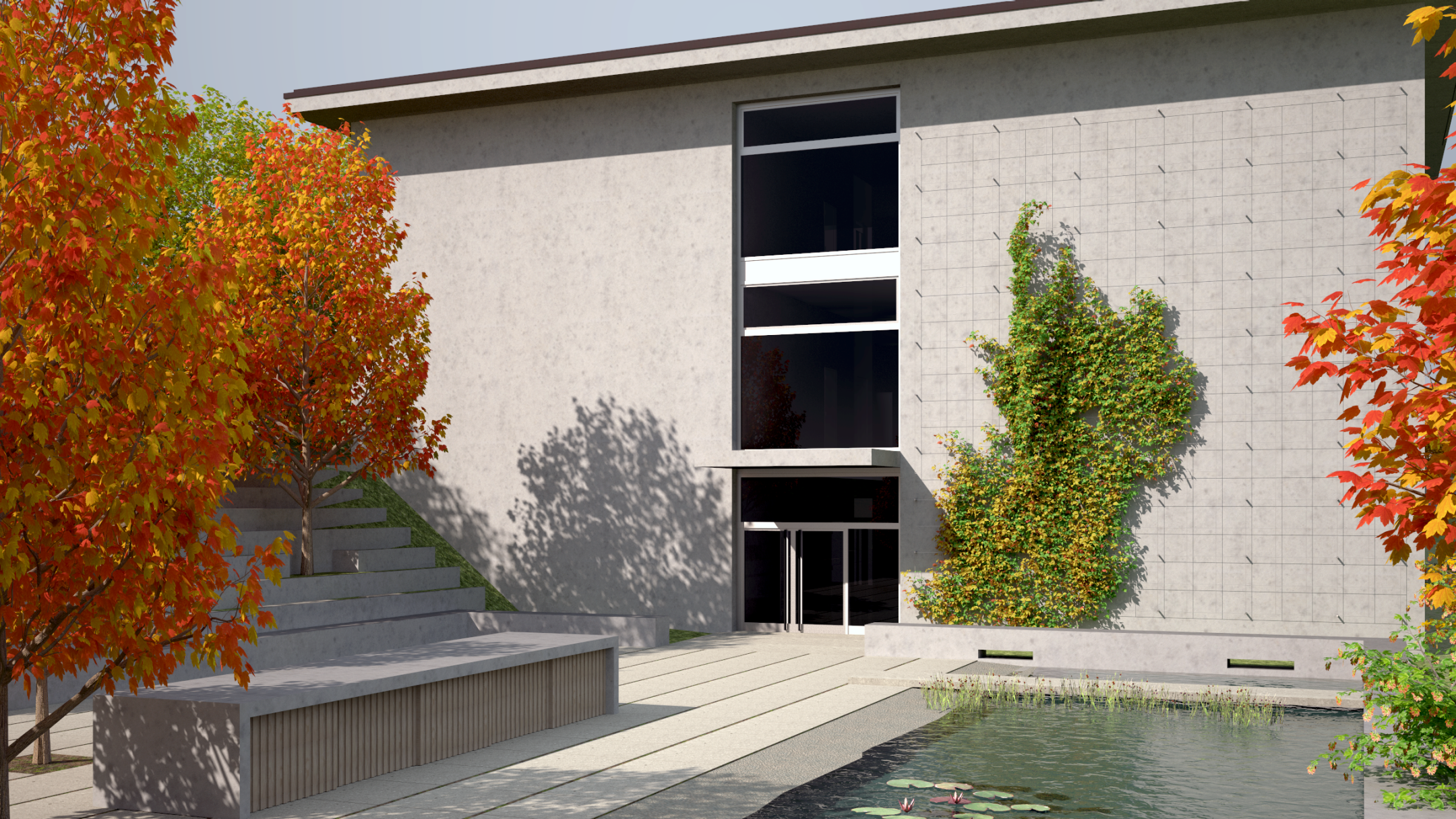 Rendering zeigt Außenschulzimmer & Erweiterungsbau mit Wassergarten für Biologiefachschaft & Arbeits-/Werkflächen für Gestaltung. Bäume sorgen für Schatten.