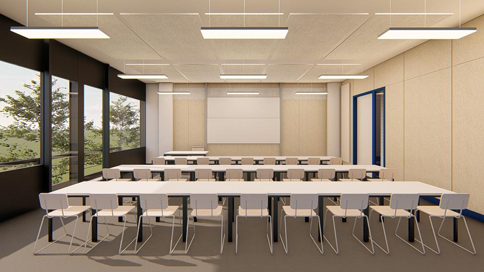 Visualisierung eines Klassenzimmers, welche die rohe, robuste Materialisierung mit neuen Trennwänden mit OSB-Oberfläche, sichtbaren Betondecken und Holzwollplatten als Akustikmassnahme zeigt.