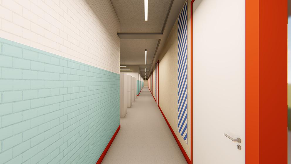 Visualisierung eines Korridors, welche einen ersten Eindruck des Farbkonzeptes zeigt. 