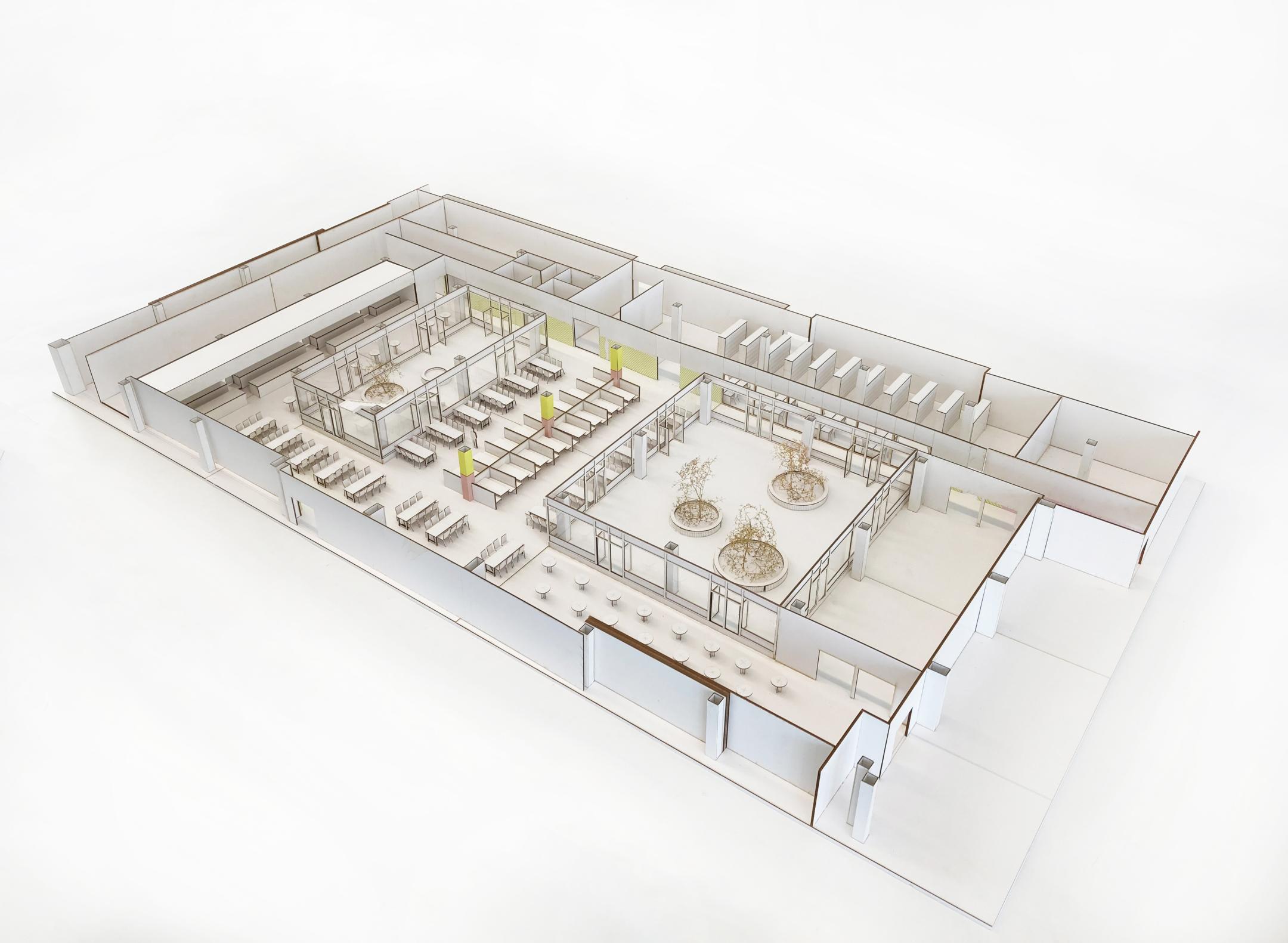 Modellfoto der geplanten Schülermensa im Y12 mit einem ersten Eindruck zum Farbkonzept.
