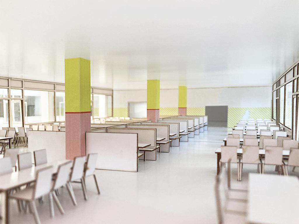 Modellfoto zeigt geplante Schülermensa im Y12 mit Essensbereich.