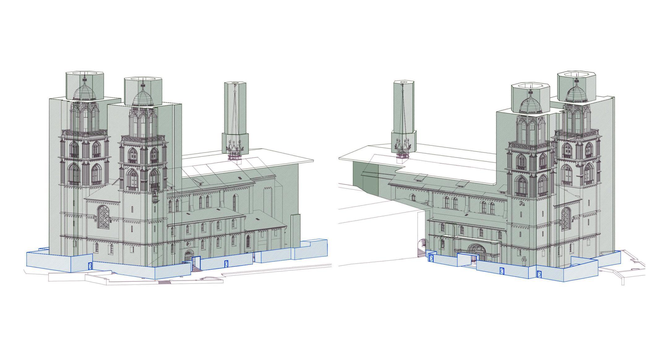 Zeichnungen einer Kirche aus zwei Perspektiven.