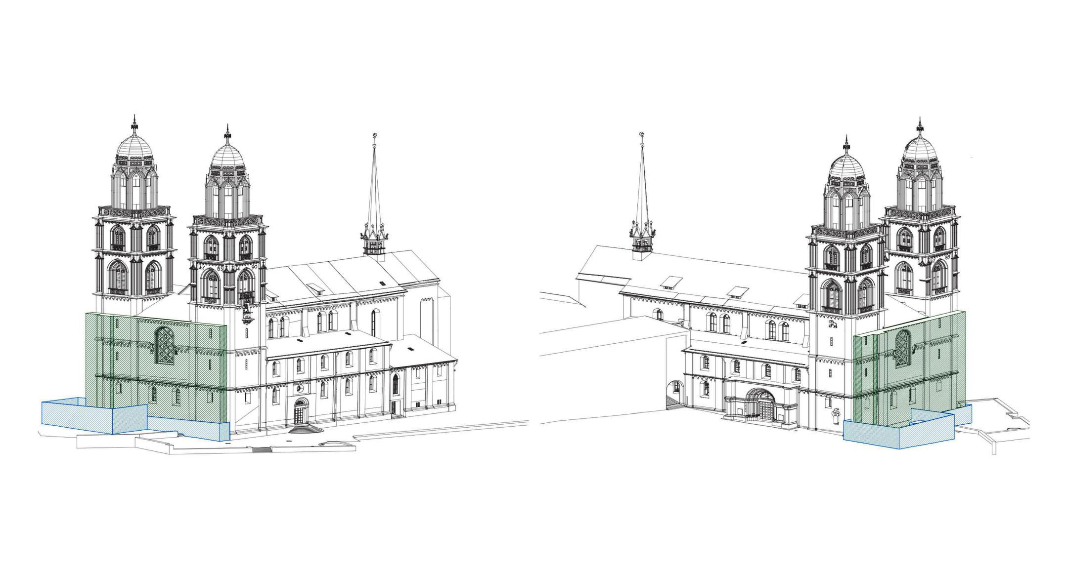 Zeichnungen einer Kirche aus zwei Perspektiven.