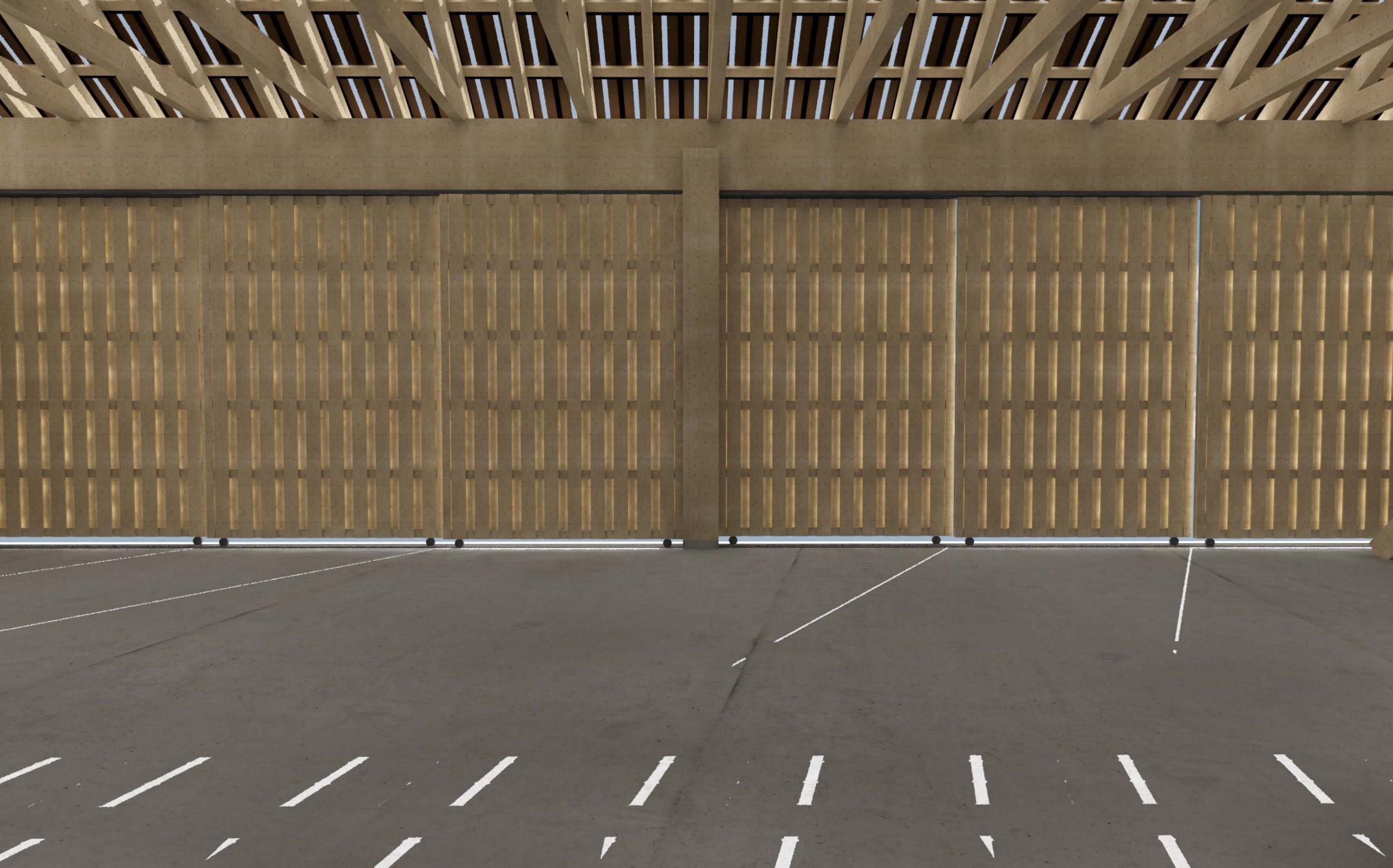 Visualisierung des Innenraums quer zur neuen Remise, Einstellhalle mit Lagergalerie und transparenter Hülle