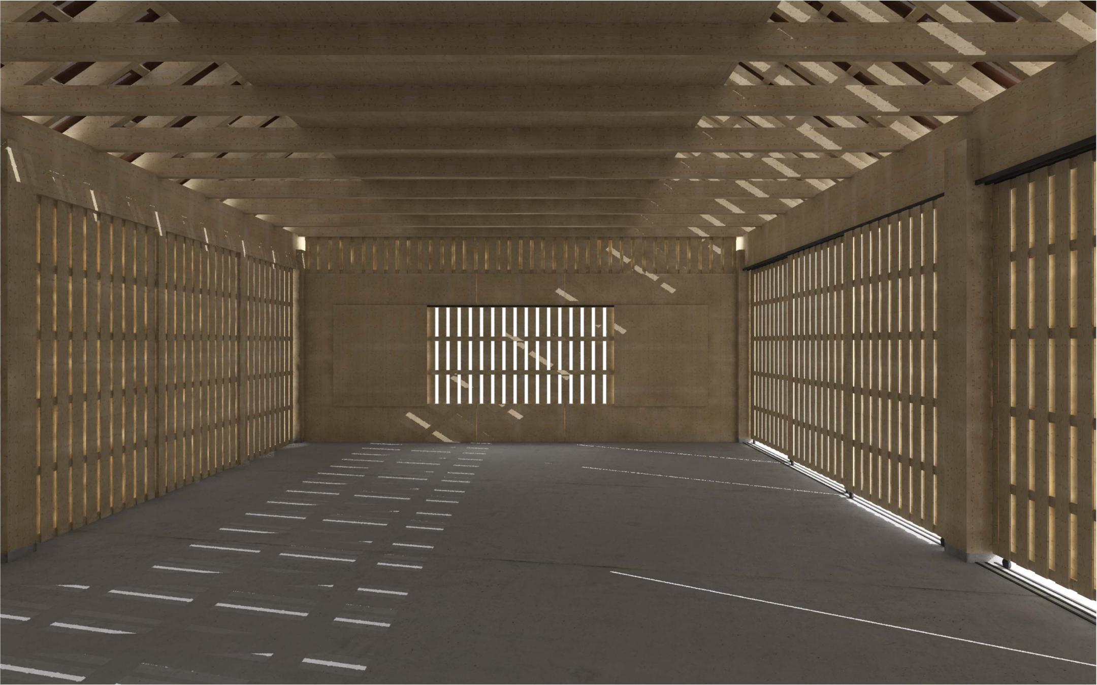 Visualisierung des Innenraums in Längsrichtung zur neuen Remise, Einstellhalle mit La-gergalerie und transparenter Hülle.