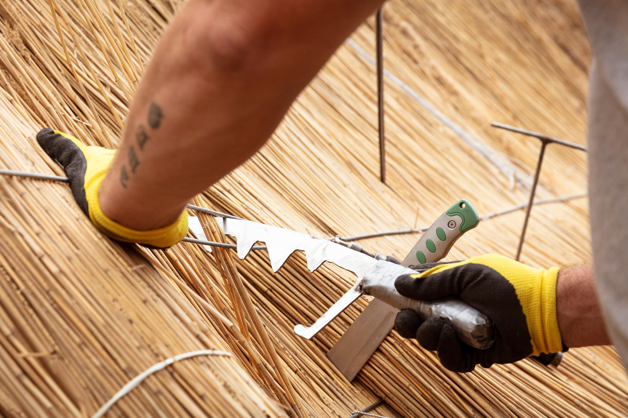 Detailaufnahme von einem Handwerker, der an der Eindeckung des Schilfdaches arbeitet.