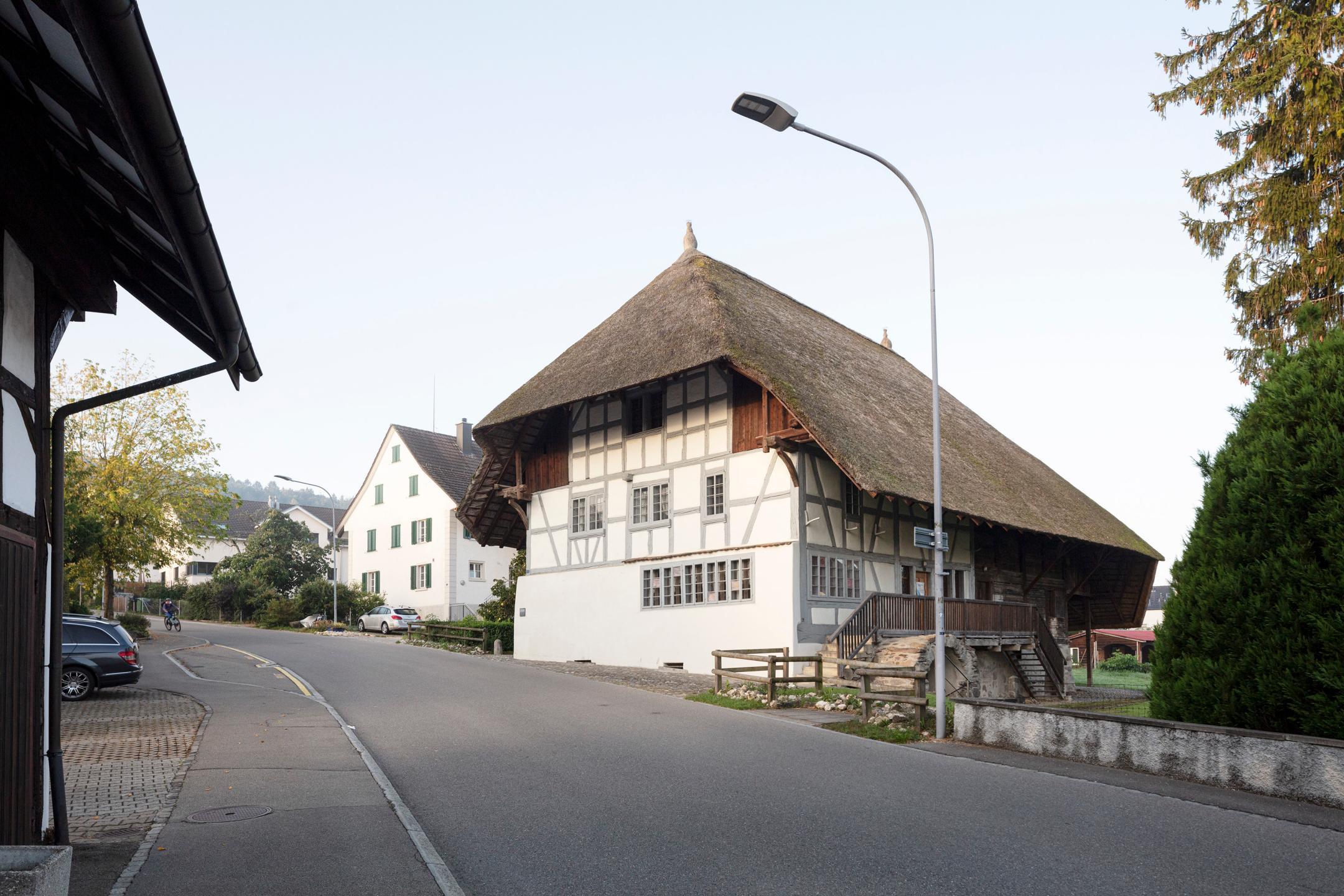Ostseite des Strohdachhauses Hüttikon anfangs 2019 vor der Erneuerung der Dachflächen.