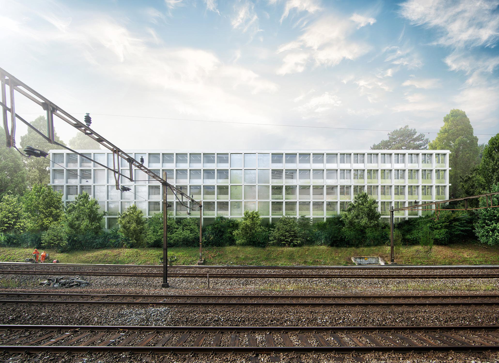 Computergenerierte Darstellung der Nordfassade des Neubaus. Ebenfalls wird die nördliche Bahnlinie dargestellt.