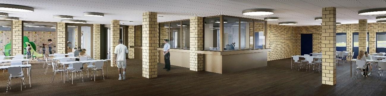 Innenansicht eines Besucherraums der Justizvollzugsanstalt Pöschwies. Der Raum zeigt moderne Einrichtung mit Tischen, Stühlen und einer Trennwand. Menschen sitzen an Tischen oder befinden sich in Bewegung, während im Hintergrund eine Spielfläche für Kinder zu sehen ist.