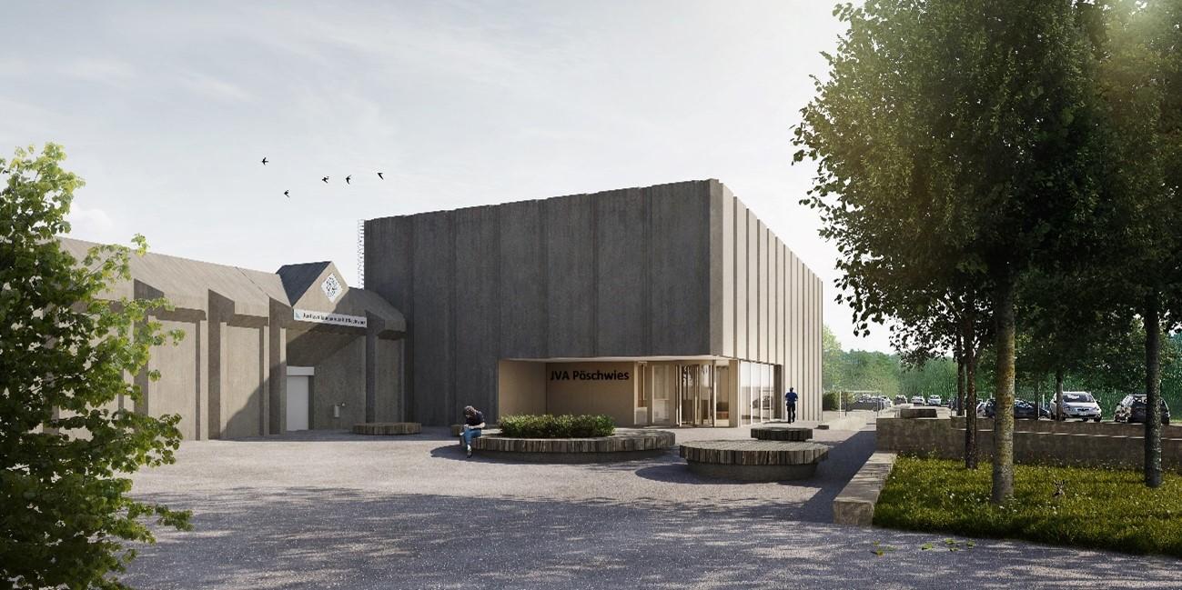 Aussenansicht des geplanten Portengebäudes der Justizvollzugsanstalt Pöschwies. Das Gebäude wirkt modern und funktional, umgeben von Bäumen und Grünflächen. Im Vordergrund befindet sich ein Besucherbereich mit Sitzmöglichkeiten.