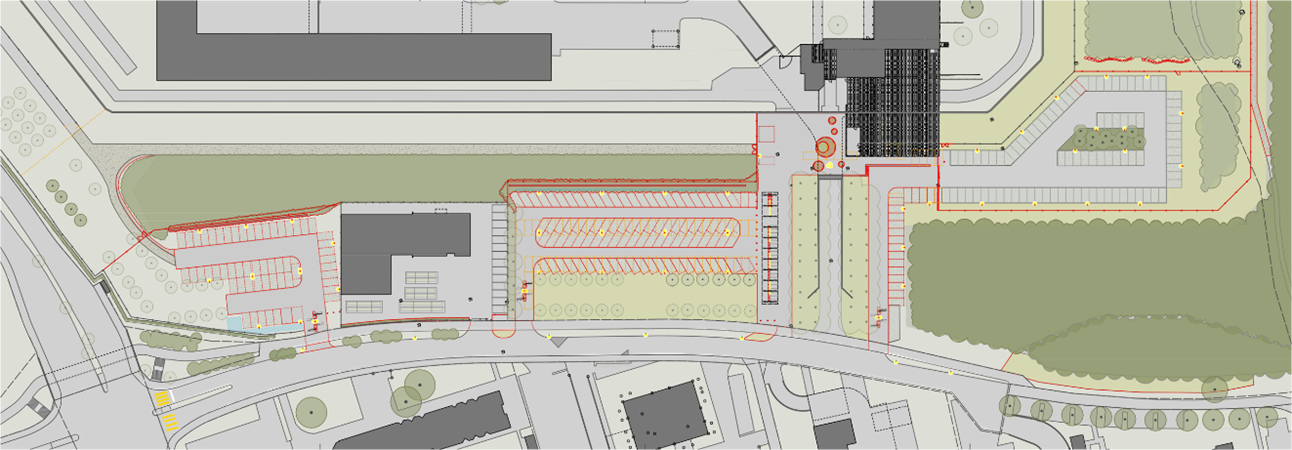 Situationsplan der Justizvollzugsanstalt Pöschwies und ihrer Umgebung. Der Plan zeigt die Anordnung der Gebäude, Parkflächen, Zufahrtswege und Grünflächen. Markierungen verdeutlichen die geplante Erweiterung und Umgestaltung.