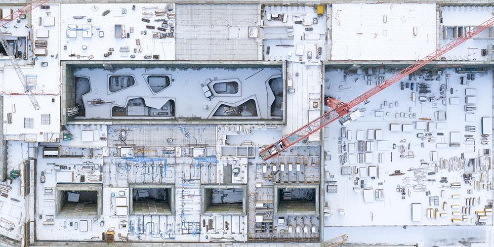 Die verschneite PJZ-Baustelle aus der Vogelperspektive im Dezember 2018.