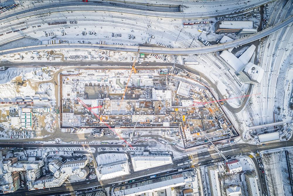 Die verschneite PJZ-Baustelle aus der Vogelperspektive im Januar 2018.