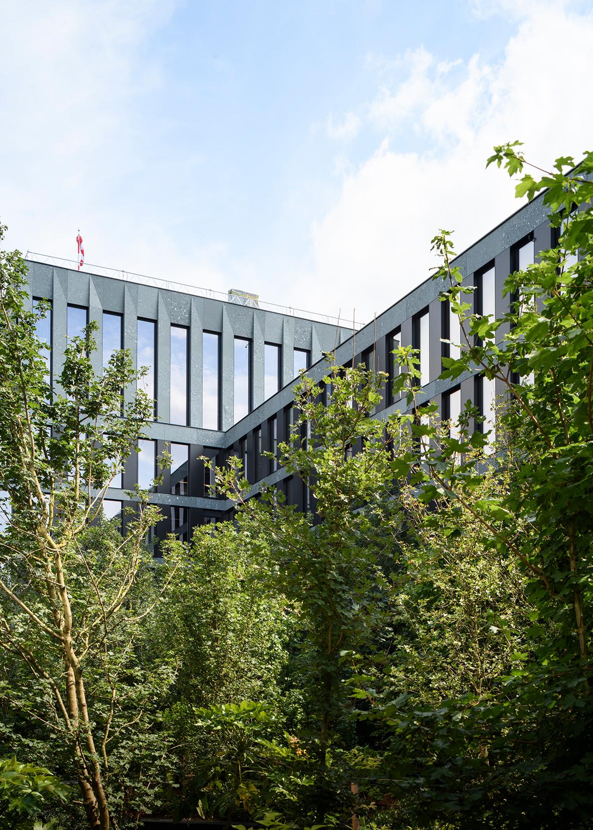 Grüner Innenhof des PJZ-Gebäudes mit Gebäude-Fassade im Hintergrund