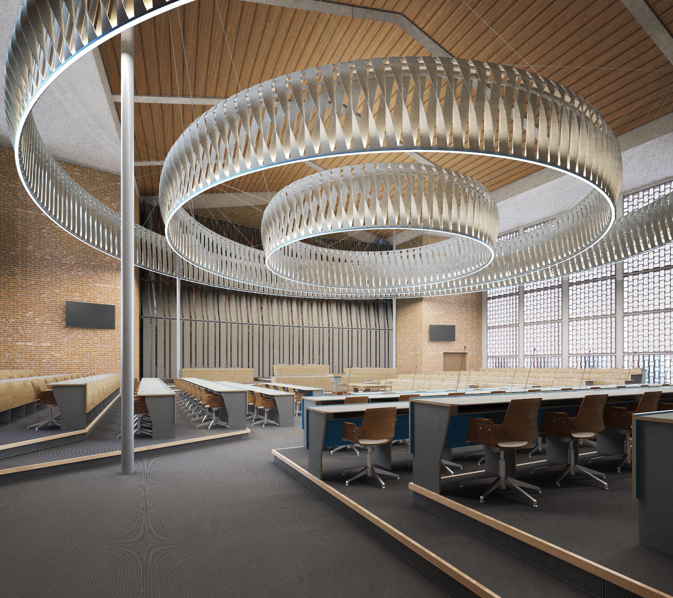 Visualisierung Eingang Ratssaal, möbliert mit prägnanter Beleuchtung.