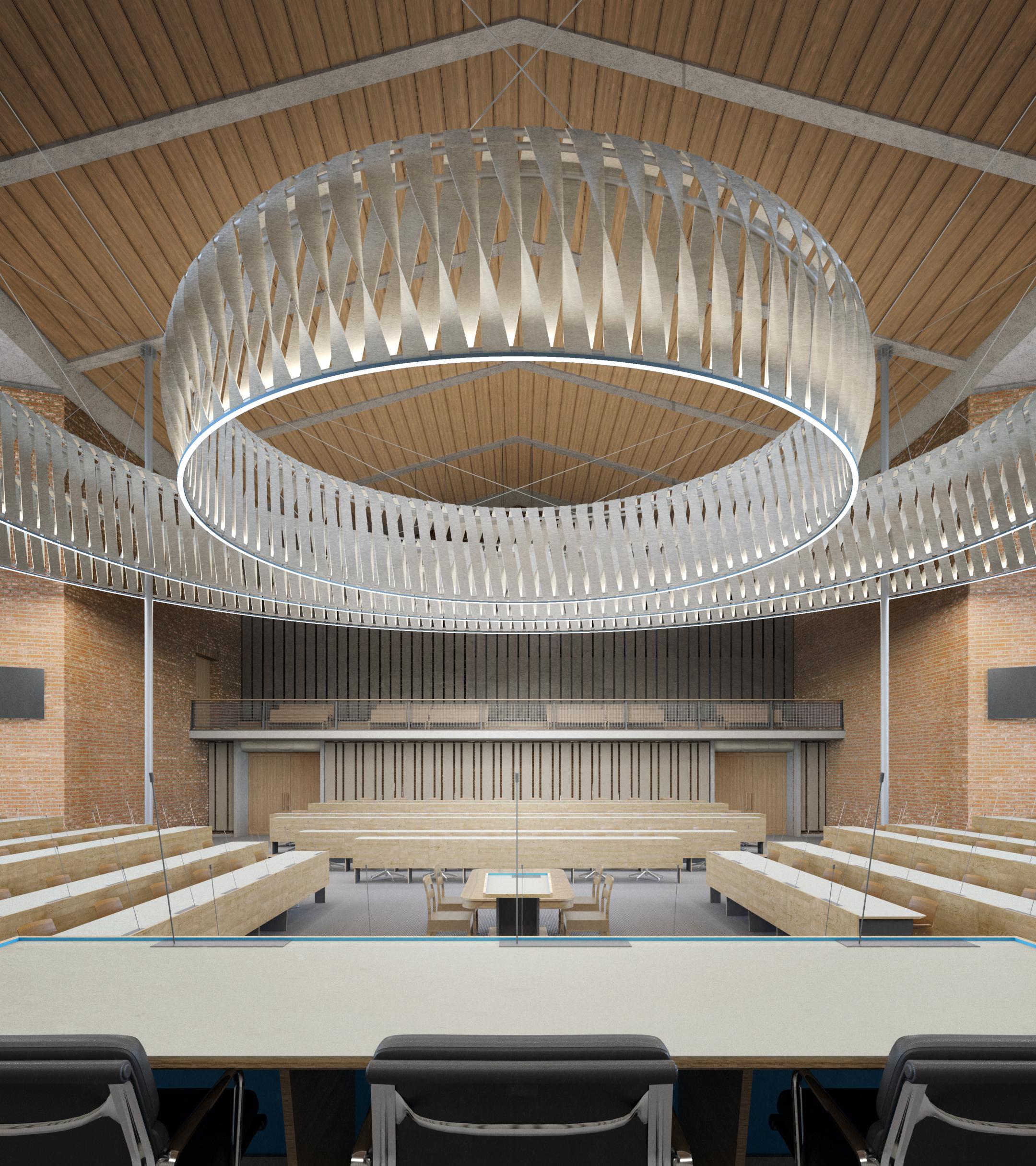 Symmetrische Visualisierung des Ratssaals, möbliert mit prägnanter Beleuchtung.