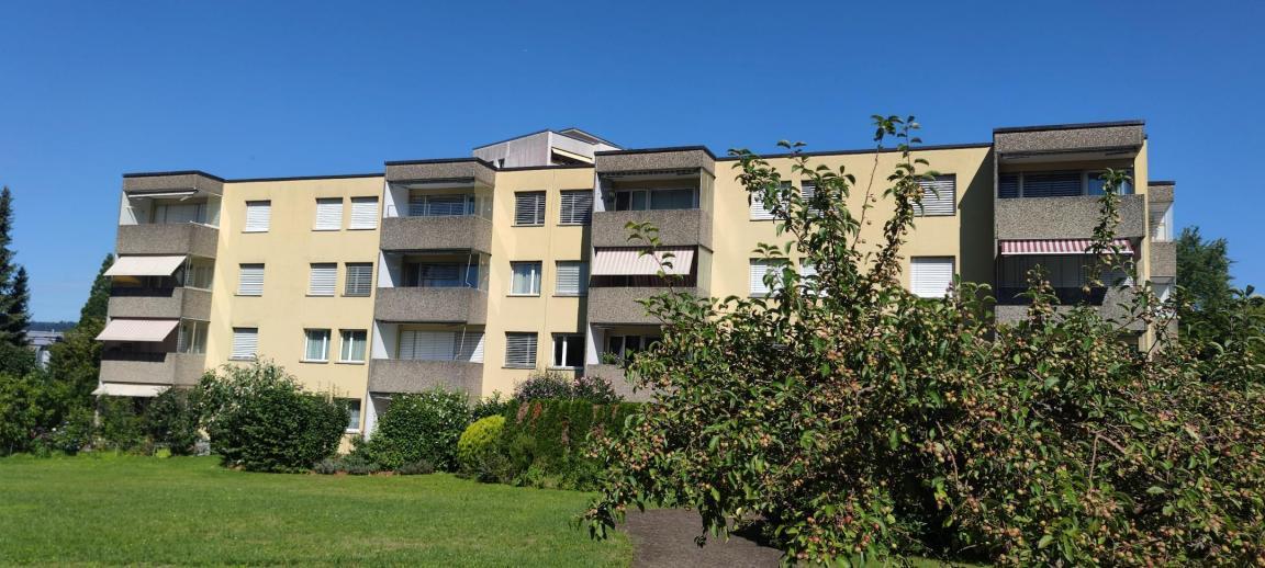 Gelbes Wohnhaus vor blauem Himmel auf grüner Wiese mit Büschen.