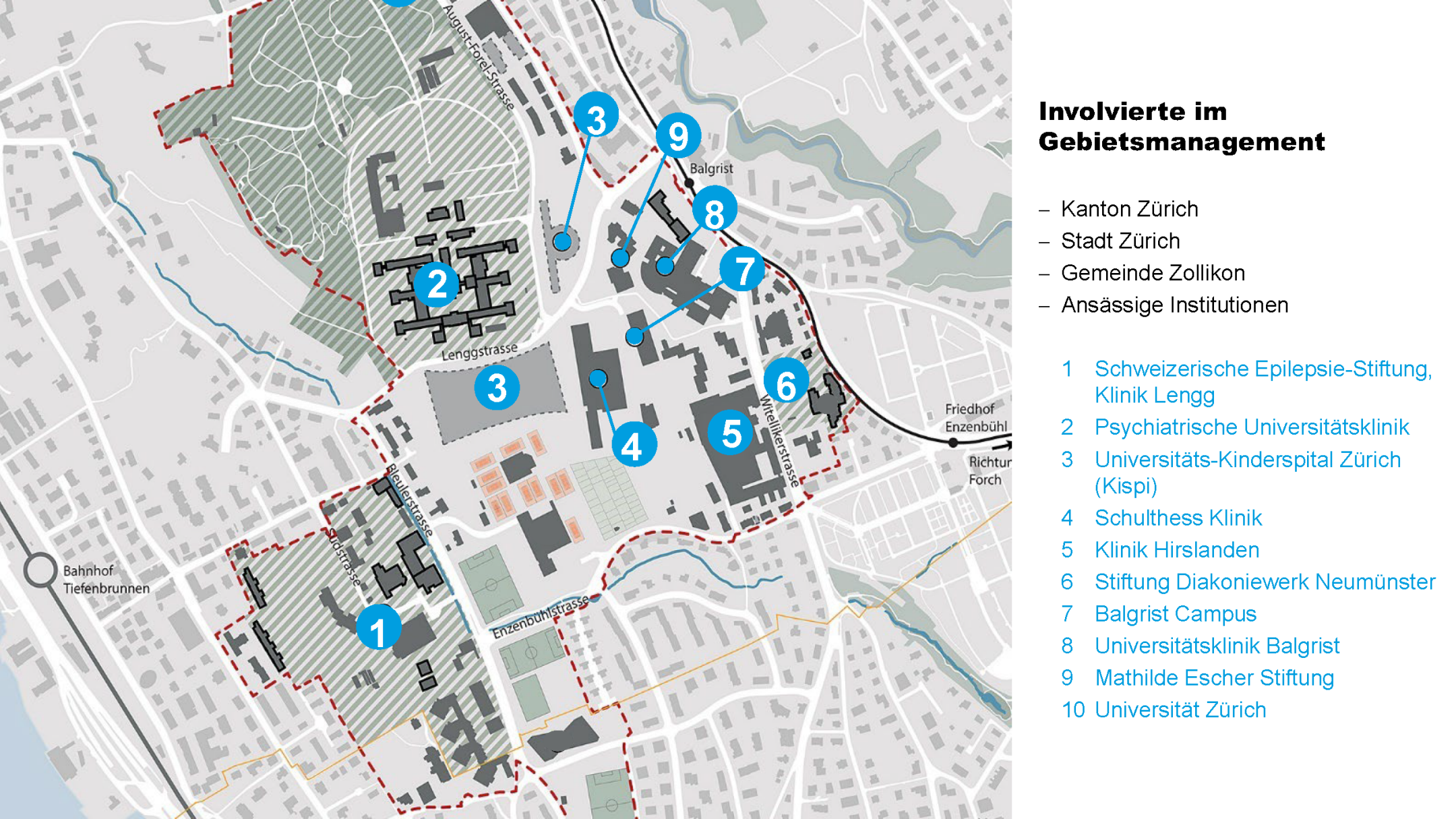 Übersichtskarte mit den involvierten Institutionen im Gebietsmanagement Lengg