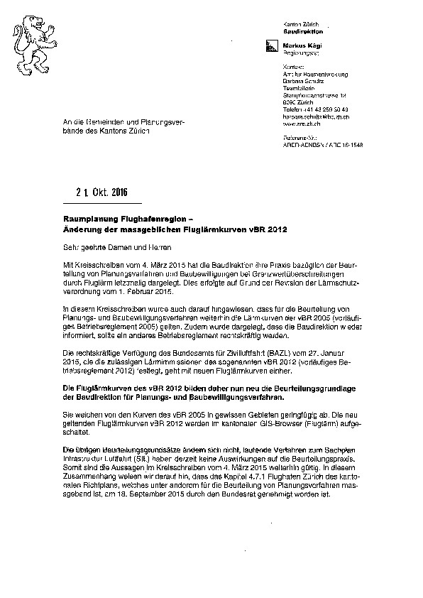 Fluglärm: Änderung der Fluglärmkurve, Kreisschreiben Oktober 2016
