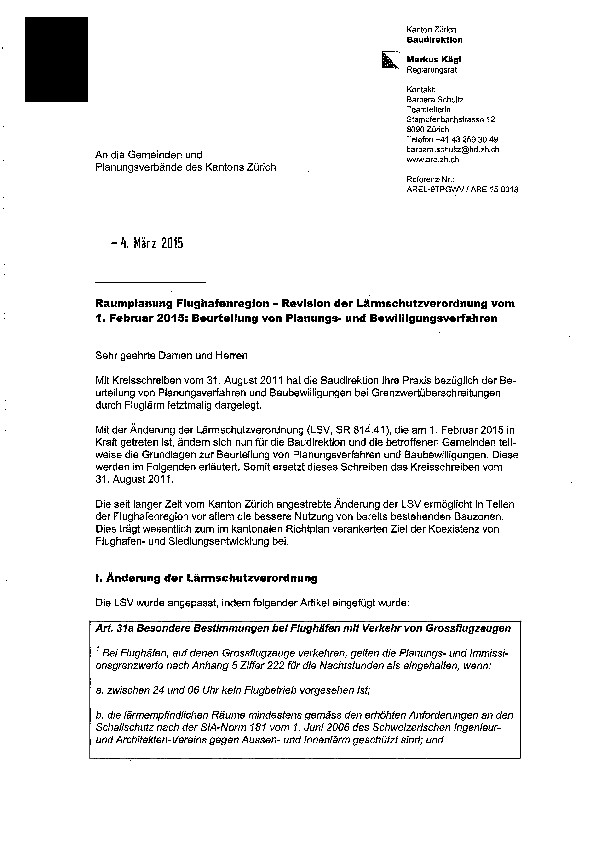 Fluglärm: Planungs- und Baubewilligungsverfahren, Kreisschreiben März 2015