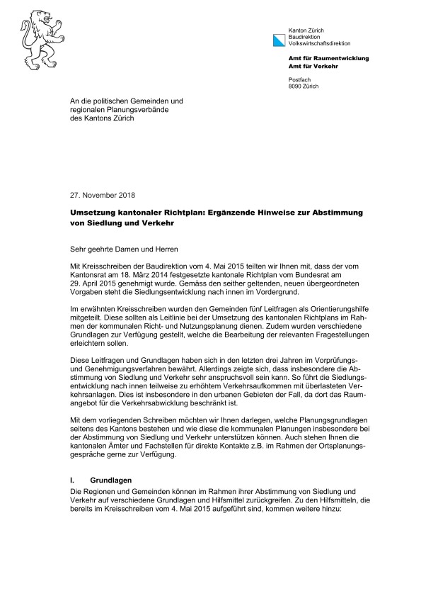 Kantonaler Richtplan: Umsetzung und Ergänzende Hinweise zur Abstimmung von Siedlung und Verkehr, Kreisschreiben November 2018