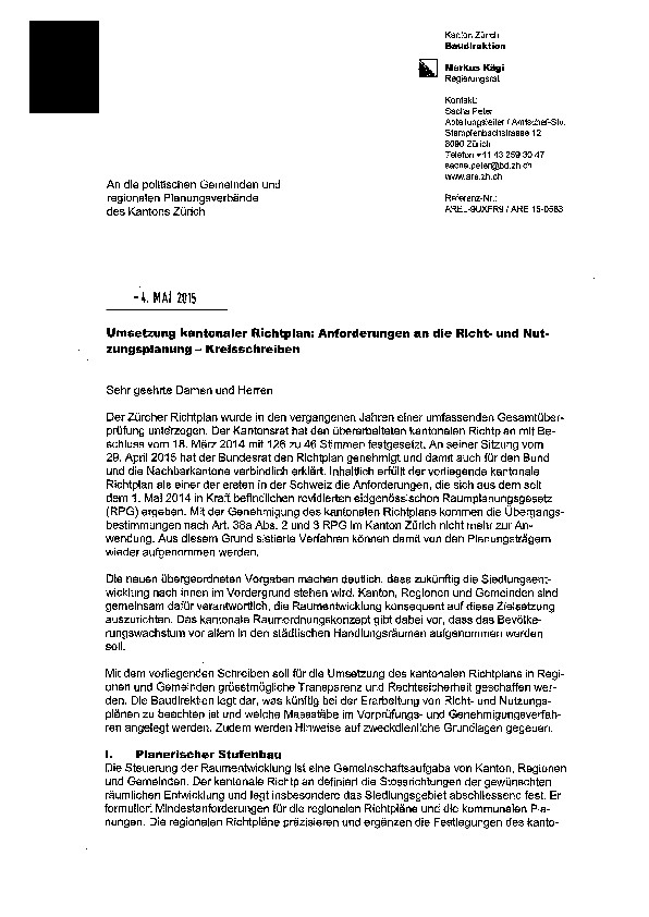 Kantonaler Richtplan: Anforderungen an die Richt- und Nutzungsplanung, Kreisschreiben Mai 2015