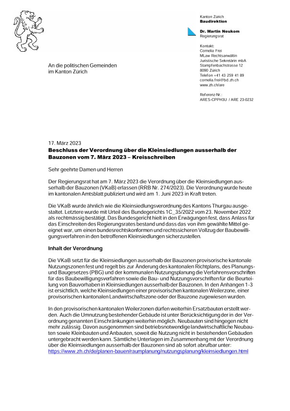 Kleinsiedlungen: Beschluss der Verordnung über die Kleinsiedlungen ausserhalb der Bauzonen, Kreisschreiben  März 2023